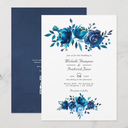 Marineblauw en witte bloemencode QR Code RSVP Tuin Kaart (Voorkant / Achterkant)