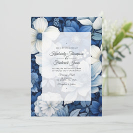 Marineblauw en Witte Bloemige Bruiloft Kaart