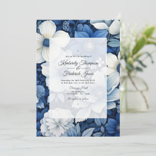 Marineblauw en Witte Bloemige Bruiloft Kaart