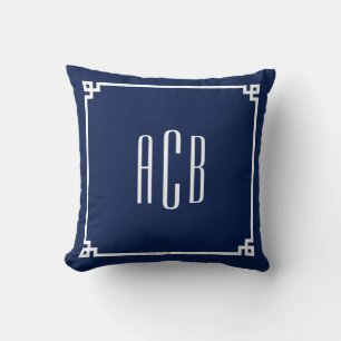Marineblauw en Witte Drieletterige Monogram Grieks Kussen