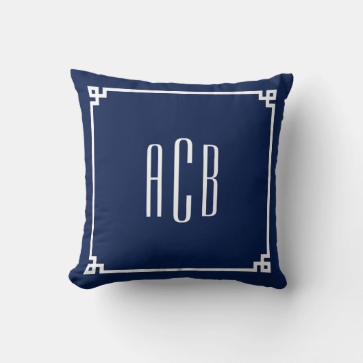 Marineblauw en Witte Drieletterige Monogram Grieks Kussen (Voorkant)