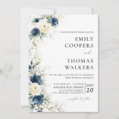 Marineblauw en witte rozen trouwceremonie kaart (Voorkant)