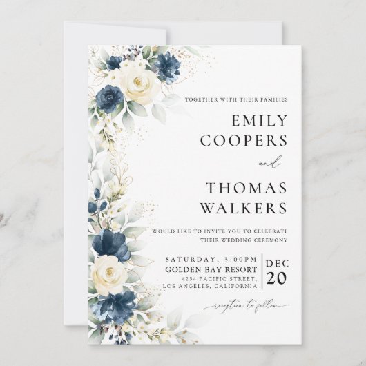 Marineblauw en witte rozen trouwceremonie kaart (Voorkant)