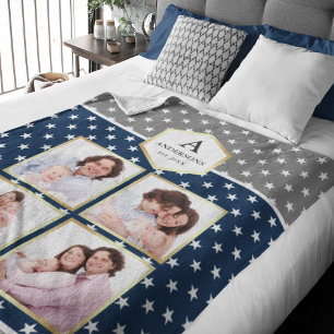 Marineblauw en witte sterrenpatroon fotocollage fleece deken