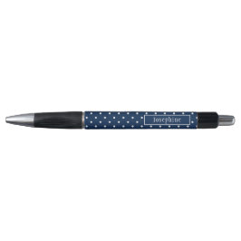 Marineblauw en witte stippen met naam pen