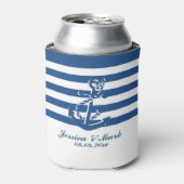 marineblauw en witte strepen met een neusanker blikjeskoeler (Blikje Voorkant)