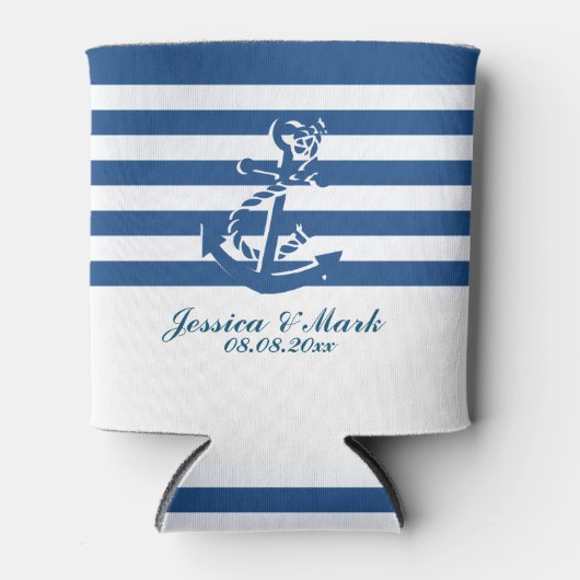 marineblauw en witte strepen met een neusanker blikjeskoeler (Voorkant)