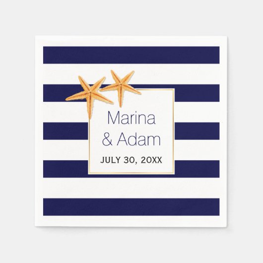 Marineblauw en witte strepen zeester bruiloft servetten (Voorkant)