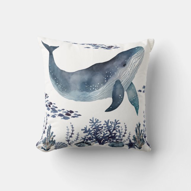 Marineblauw en witte walvis en schelpen  kussen (Voorkant)