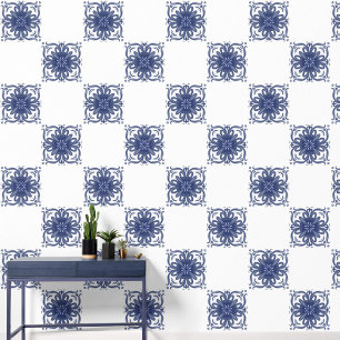 Marineblauw en witte Waterverf Mediterrane Tegel Behang