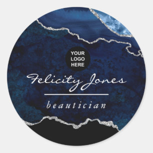 Marineblauw en Zilver Agate Edelsteen Zakelijk Ronde Sticker