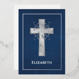 Marineblauw en Zilver Doop- of Christeningsfiligra Folie Uitnodiging