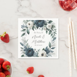 Marineblauw en Zilver Elegant Ivoren Bloem Bruilof Servet