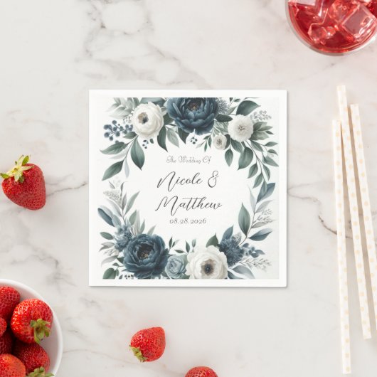 Marineblauw en Zilver Elegant Ivoren Bloem Bruilof Servet (Insitu)