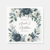 Marineblauw en Zilver Elegant Ivoren Bloem Bruilof Servet (Voorkant)