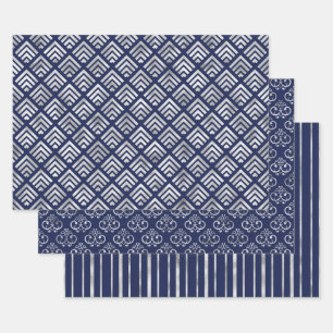 Marineblauw en Zilver Geometrische Patronen Elegan Inpakpapier Vel
