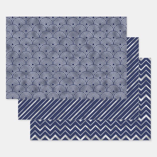 Marineblauw en Zilver Geometrische Patronen Elegan Inpakpapier Vel (Set)