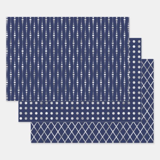 Marineblauw en Zilver Geometrische Patronen Elegan Inpakpapier Vel (Set)