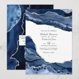 Marineblauw en zilveren agaat QR-code RSVP-huwelij Kaart