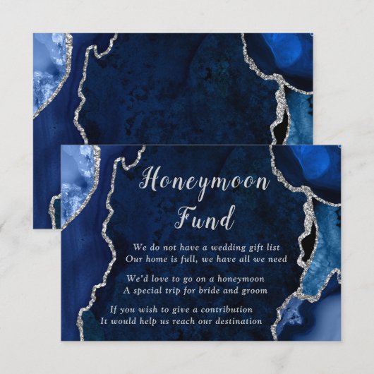 Marineblauw en Zilveren Agaten Huwelijksreis Fonds Informatiekaartje (Voorkant / Achterkant)