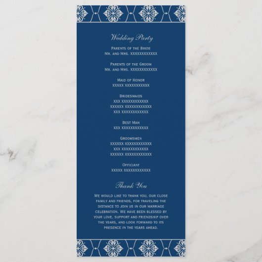 marineblauw en zilveren decobruiloft programmakaart (Achterkant)