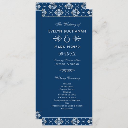  marineblauw en zilveren decobruiloft programmakaart (Voorkant / Achterkant)