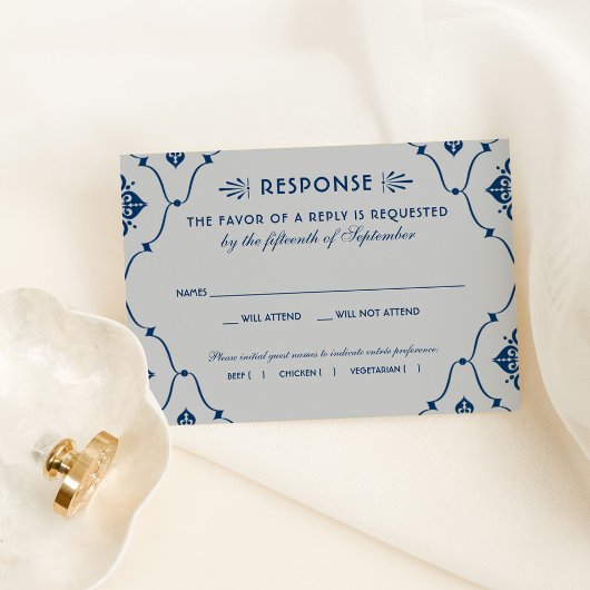  marineblauw en zilveren decobruiloft RSVP kaartje