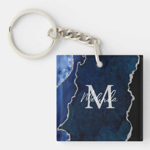 Marineblauw en zilveren marmeren agaat sleutelhanger