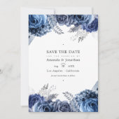 Marineblauw en zilveren nepfolie bloemen bruilofts save the date (Voorkant)