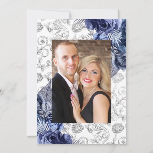 Marineblauw en zilveren nepfolie bloemen bruilofts save the date (Achterkant)