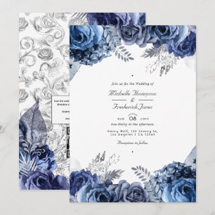 Marineblauw en zilveren nepschuimfolie bloemencode kaart