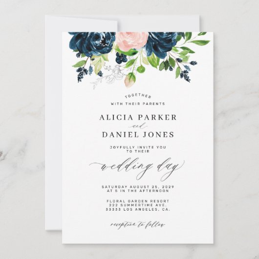 Marineblauw en zwarte roze waterverf bruiloft kaart (Voorkant)