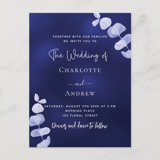 Marineblauw eucalyptus bruiloft briefkaart (Voorkant)