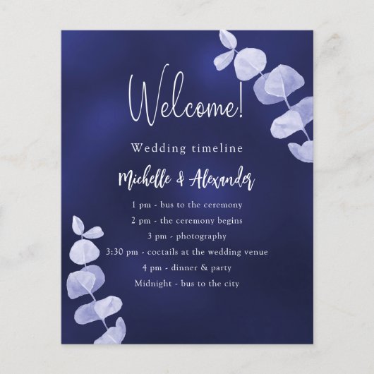 Marineblauw eucalyptus bruiloft programma tijdlijn (Voorkant)