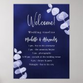 Marineblauw eucalyptus bruiloft programma tijdlijn poster (Voorkant)