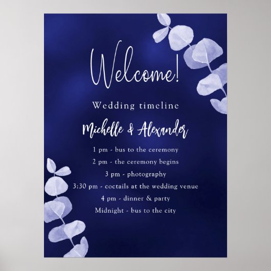 Marineblauw eucalyptus bruiloft programma tijdlijn poster (Voorkant)