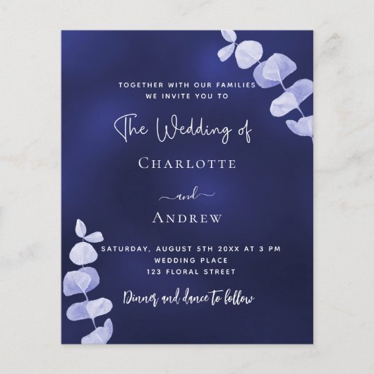 Marineblauw eucalyptus budget bruiloft uitnodiging (Voorkant)