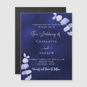 Marineblauw eucalyptus luxe bruiloft magnetische uitnodiging (Voorkant / Achterkant)