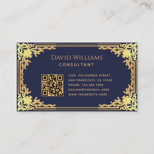  marineblauw faux gouden QR-code elegant script Visitekaartje (Achterkant)