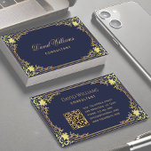  marineblauw faux gouden QR-code elegant script Visitekaartje