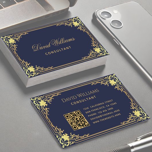  marineblauw faux gouden QR-code elegant script Visitekaartje
