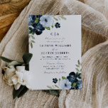 marineblauw flora bruiloft kaart<br><div class="desc">floraal ontwerp met elegante marjoen en lichtblauwe waterverf bloemen.</div>