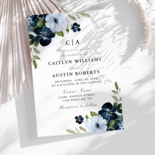 marineblauw flora bruiloft kaart