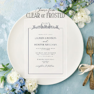 marineblauw Floral Border Monogram Weddenschap Acryl Uitnodigingen