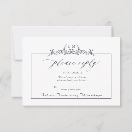 marineblauw Floral Border Monogram Weddenschap RSVP Kaartje (Voorkant)