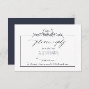 marineblauw Floral Border Monogram Weddenschap RSVP Kaartje