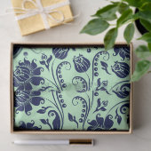 Marineblauw Floral Damasgroene achtergrond Tissuepapier (Geschenk)
