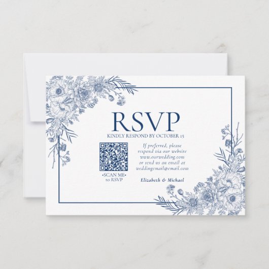  marineblauw (Floral Line) Art QR-code RSVP (Voorkant)