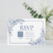  marineblauw (Floral Line) Art QR-code RSVP (Staand voorkant)