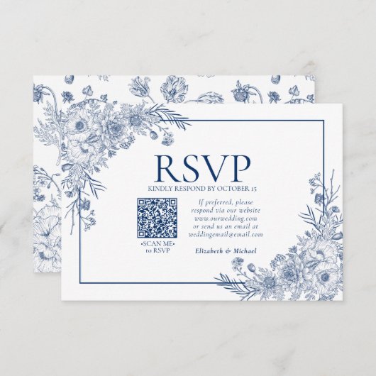 marineblauw (Floral Line) Art QR-code RSVP (Voorkant / Achterkant)